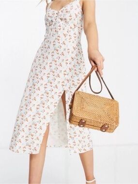 Abercrombie & Fitch White Midi Dress with Orange Floral Print Tie Front M